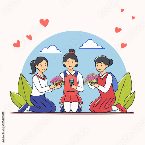 Three girls in traditional Korean Hanbok dresses giving flowers