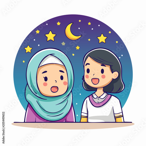 Two girls under starry night sky, one wearing hijab