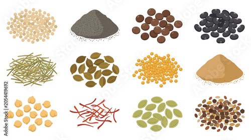 Photos Organic spices and seeds assortment on white background.