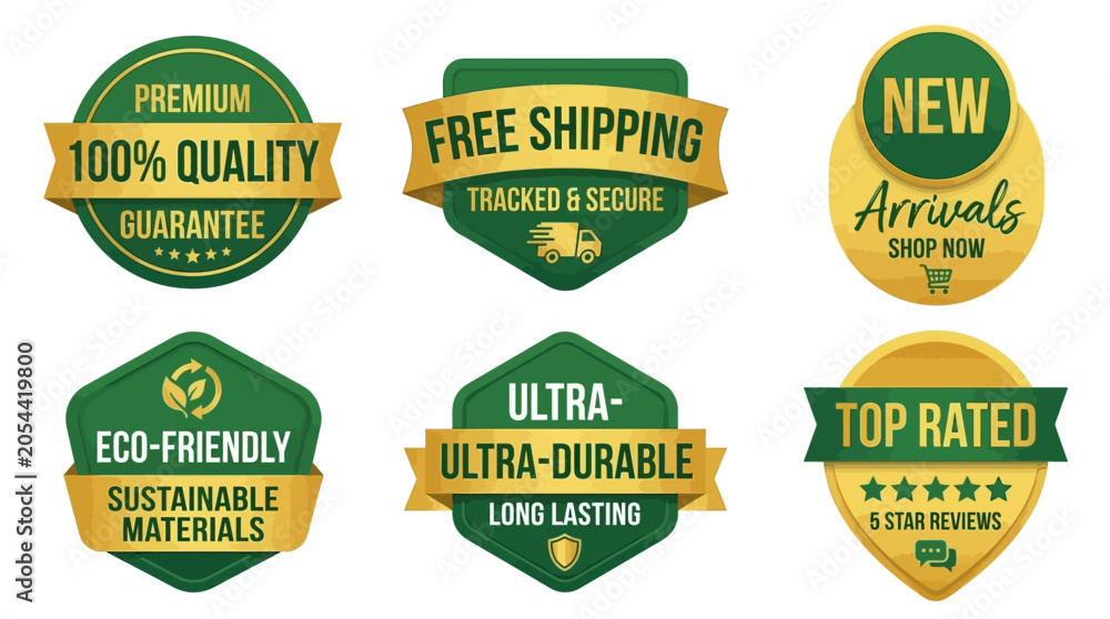 Fototapeta premium Set of premium quality guarantee, free shipping, new arrivals, eco-friendly, ultra-durable, and top rated badges for product sales and marketing