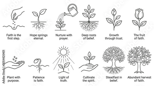 Foto Seed growth in spiritual journey icon set white background.