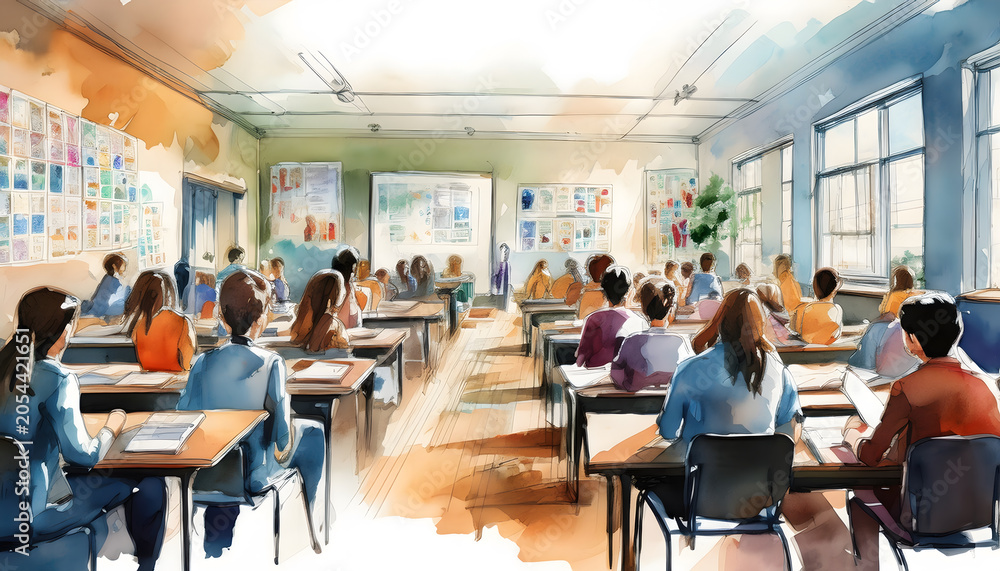 Obraz premium Bright watercolor classroom illustration with students at desks