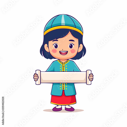 Cartoon Child Holding Blank Scroll