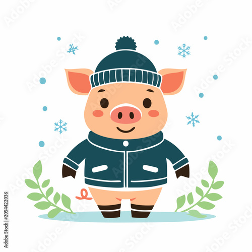 Cute Pig Wearing Winter Clothes and Hat in Snow