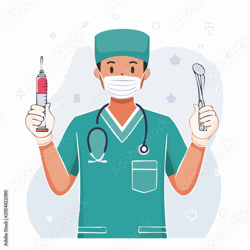 Doctor Holding Syringe and Dental Mirror