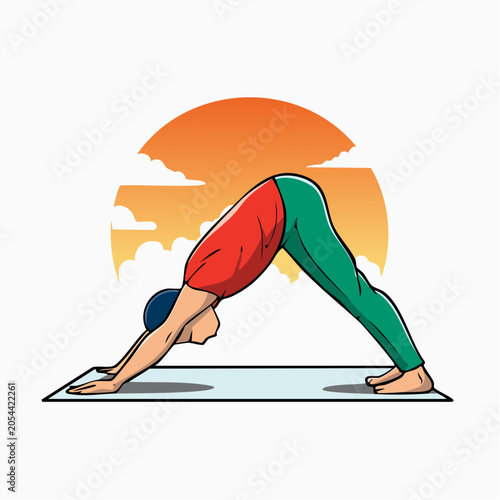 Person practicing Downward-Facing Dog yoga pose at sunset