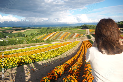Foto 自然豊かな花畑と女性の旅のワンシーン