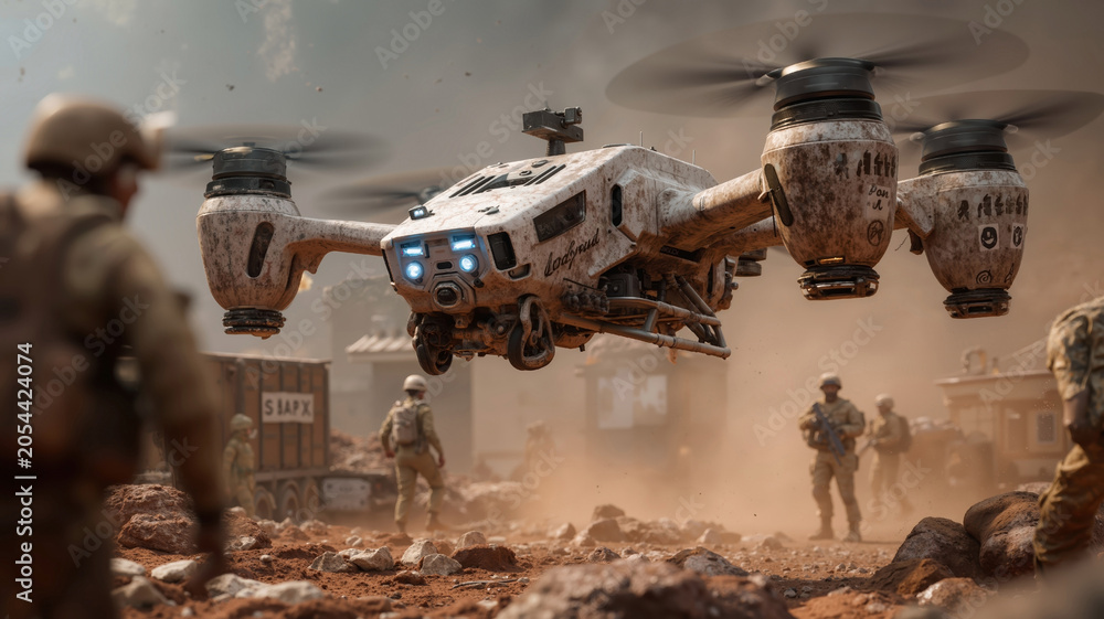 Fototapeta premium Futuristic military aircraft hovering over rocky terrain with soldiers in background