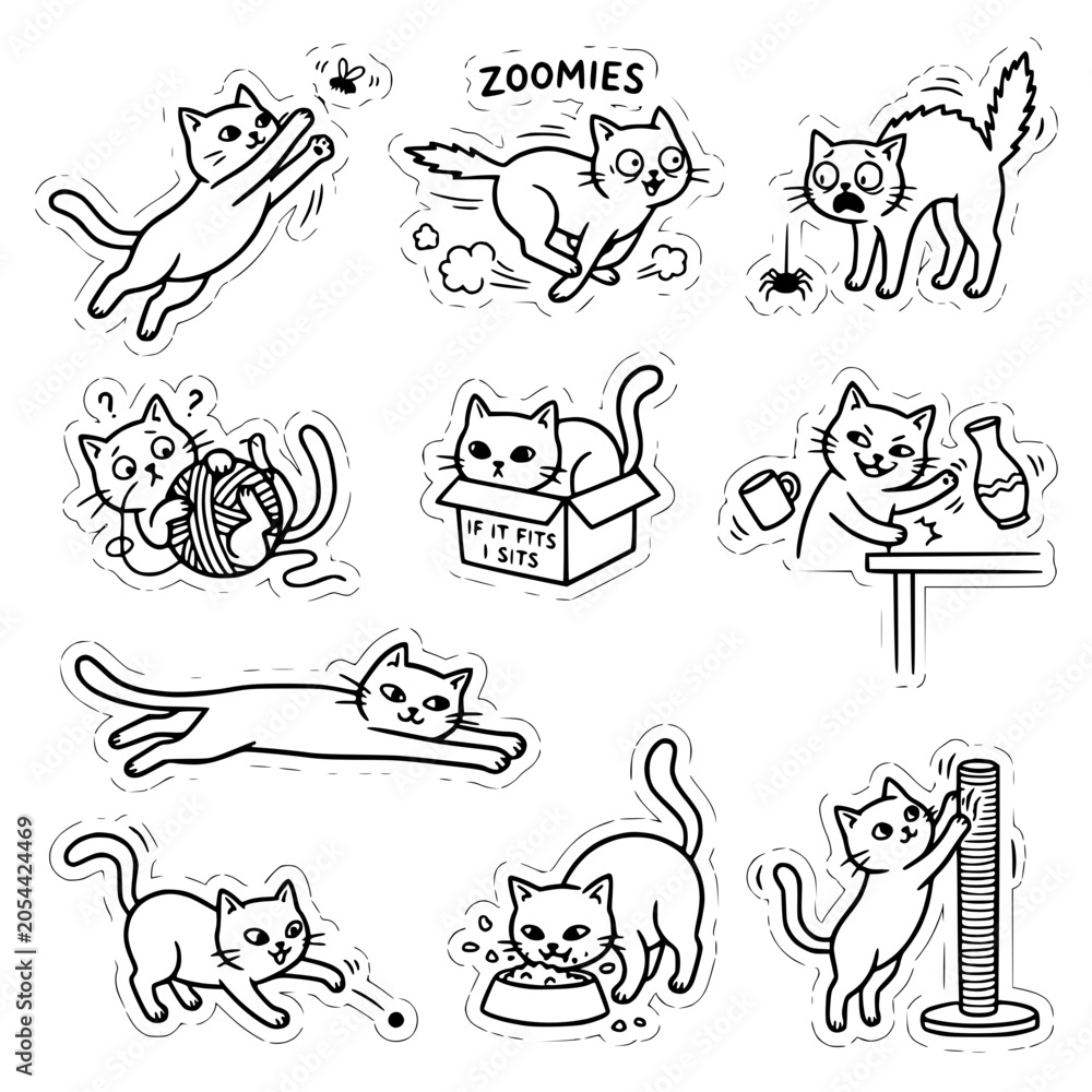 Fototapeta premium Cute Doodle Cat Sticker Pack: Playful Kittens, Funny Expressions, Daily Life Scenes