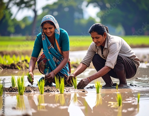 Two women, clad in traditional clothing, plant rice seedlings in a flooded field under a sunny sky