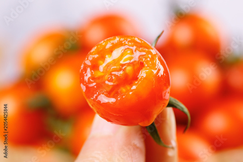 Photos Fresh Red Cherry Tomato in Hand with Golden Sheen