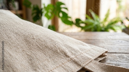 Natural Cotton Reusable Tote Bag Close Up on Wooden Table with Copy Space, Eco Friendly Zero Waste Shopping Conc