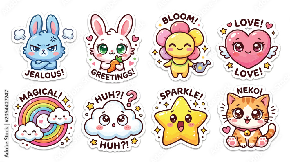 Fototapeta premium Cute Kawaii Geography Adventures Educational Sticker Sheet Featuring Travel Icons And Earth Illustrations.