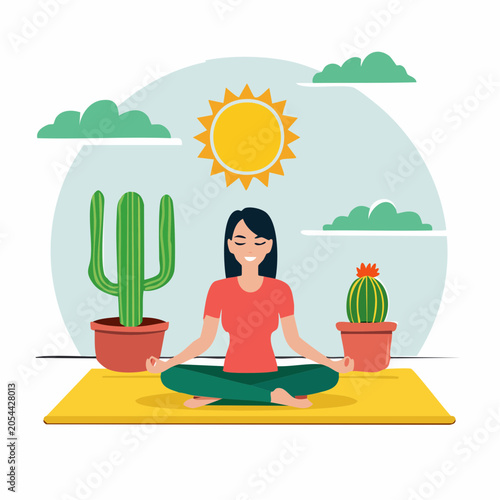 Woman Meditating Outdoors with Cacti and Sun