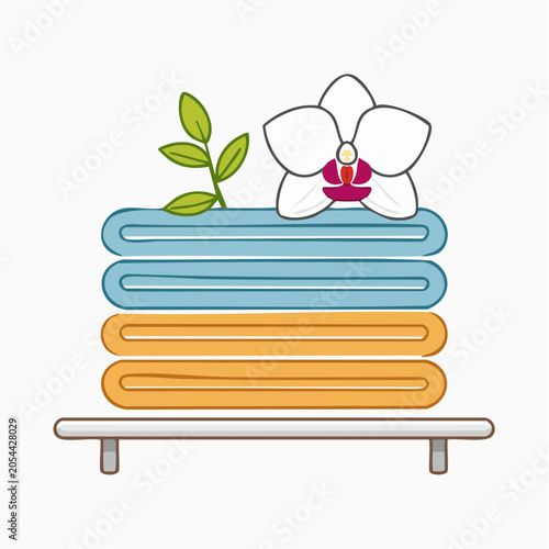 Stack of Folded Towels with Orchid and Green Leaves on Shelf