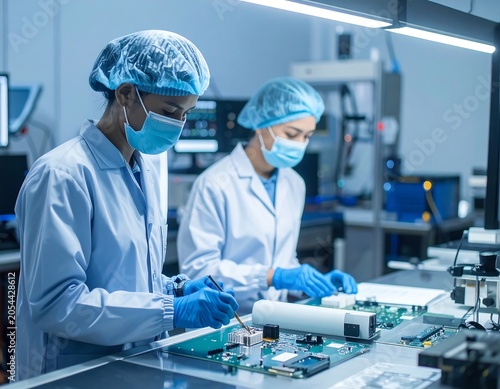 Two women in lab coats, masks, and hairnets work on circuit boards under bright lights. They are in a high-tech lab setting