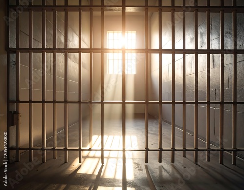 View of prison bars, blocking a cell interior. Bright light shines through barred window creating a dramatic scene with shadows