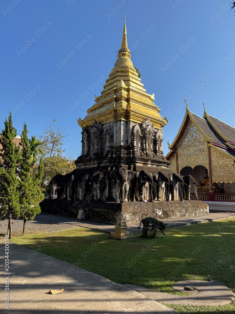 Obraz premium Golden chedi with elephant statues at Wat Chiang Man in Chiang Mai