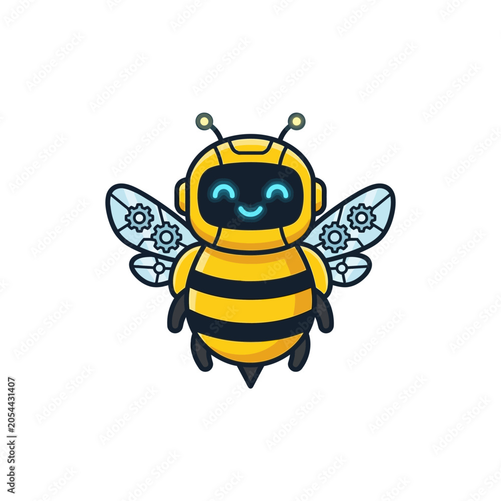 Fototapeta premium Cute robot bee with gear wings and happy face