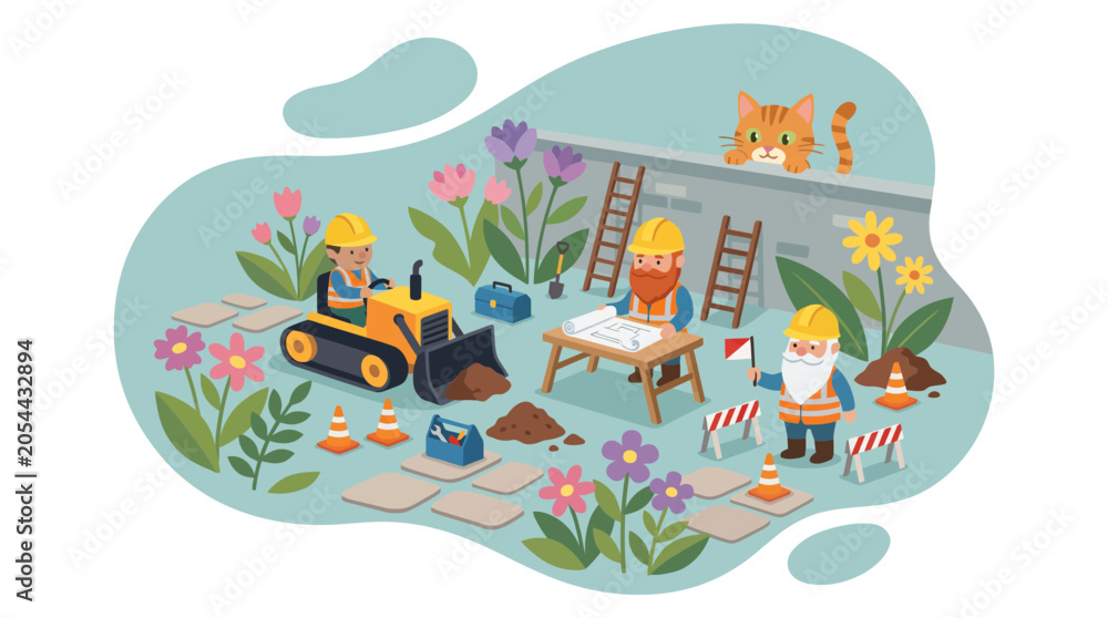 Naklejka premium Whimsical Garden Gnomes Construction Scene Illustration