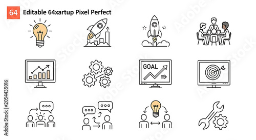 Graphics depicting startup processes and business goal achievement are displayed in a professional set.