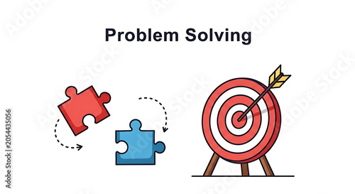 Puzzle pieces and a target with an arrow represent the strategic process of effective problem solving in business.