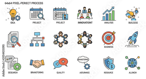 Process icons illustrate various business activities including brainstorming, project management, and research in a colorful pixel-perfect collection.