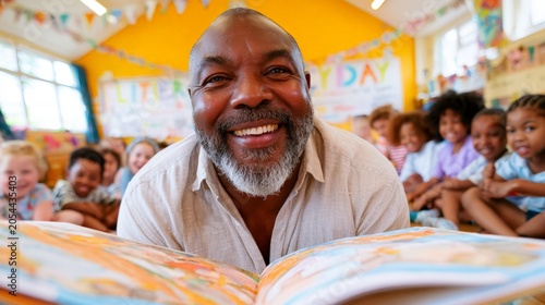 Joyful man reads a colorful book to smiling children in a bright classroom. He beams with warmth and pride as kids listen with eager expressions