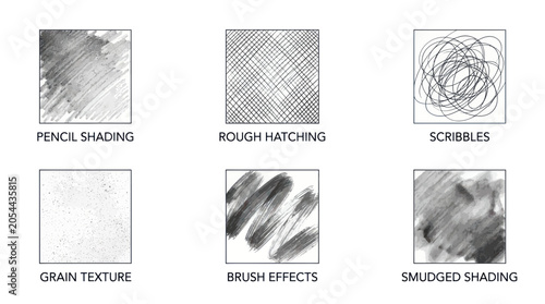 Hand drawn pencil shading and texture swatches collection