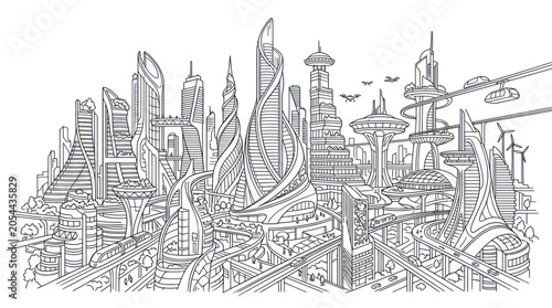 Advanced futuristic metropolis skyline with spiral skyscrapers