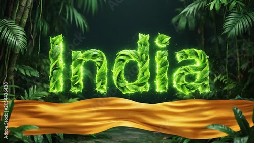 Dynamic Tropical Jungle with Vibrant Green Leaves and Illuminated India Sign in Motion