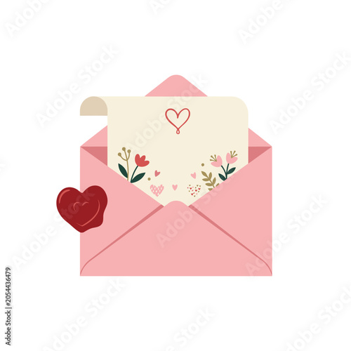 Open pink envelope with a romantic letter decorated with flowers and hearts.