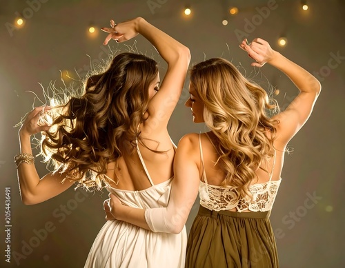 Two women with flowing hair dance joyfully together at a party, illuminated by soft string lights