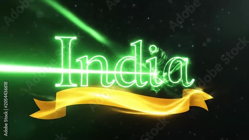 Vibrant neon green and gold glowing text animation representing India with dynamic laser effects
