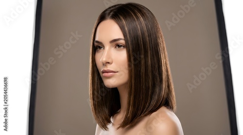 Modern Sleek Chocolate Brown Long Bob Hairstyle Portrait