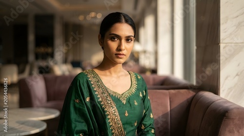 Elegant Indian Woman in Luxury Emerald Green Gown