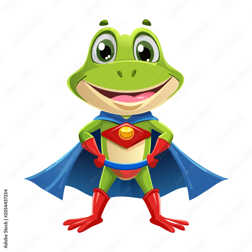 Obraz premium unleash your creativity with this magnificent asset representing cute superhero frog wearing blue cape and red boots ideal for educational kids materials