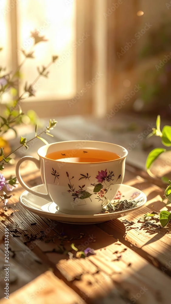Fototapeta premium Ceramic teacup filled with hot herbal tea on a rustic wooden table, cozy morning atmosphere, soft natural sunlight, scattered tea leaves, peaceful refreshment
