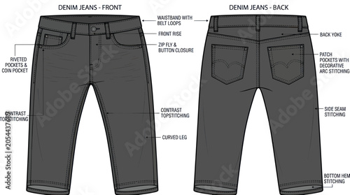 Quadro em tela Denim jeans fashion technical sketch showing front and back views