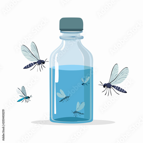 Mosquitoes trapped in a bottle with blue liquid