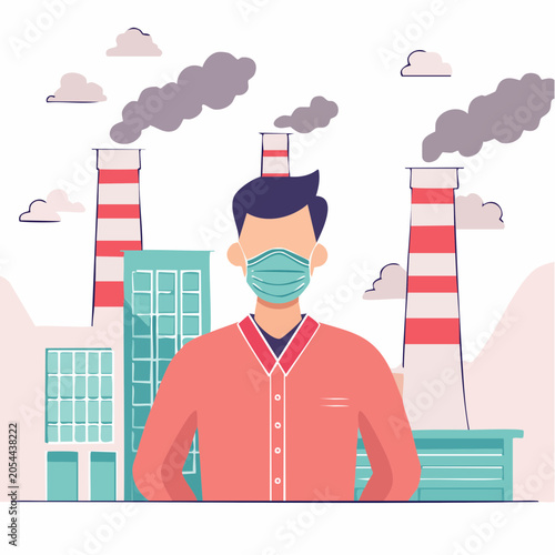 Person wearing face mask with industrial pollution in background