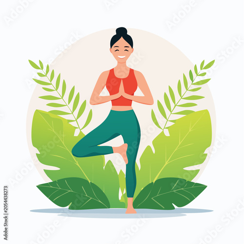 Woman Practicing Yoga Tree Pose Amidst Lush Greenery