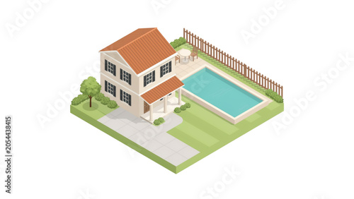 Isometric illustration of a modern house with swimming pool and driveway Vector