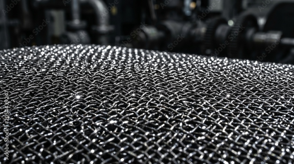 Fototapeta premium Industrial metal mesh texture with sparkling light reflections on its intricate weave.