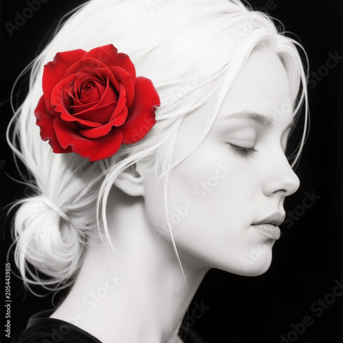 Young woman with white hair and red rose in profile on black background  