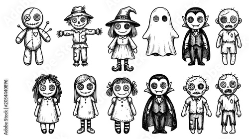 Set of cute halloween dolls, voodoo doll, scarecrow, witch, ghost, vampire
