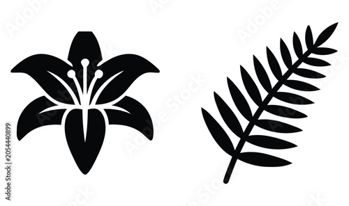 Foto Black silhouettes of a lily flower and fern frond against a white background bot