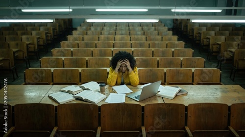 Stressed female college student holding head in hands at desk in empty university lecture hall for academic burnout and exam pressure content