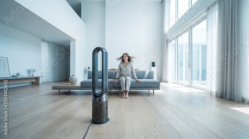 Bladeless air purifier cooling young woman sitting on sofa in minimalist bright living room for home ventilation and climate control
