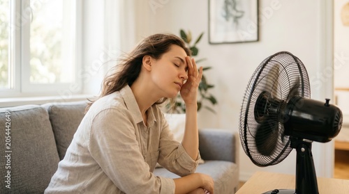 Tired woman sitting in front of electric fan on living room sofa during summer heatwave cooling off from hot temperature